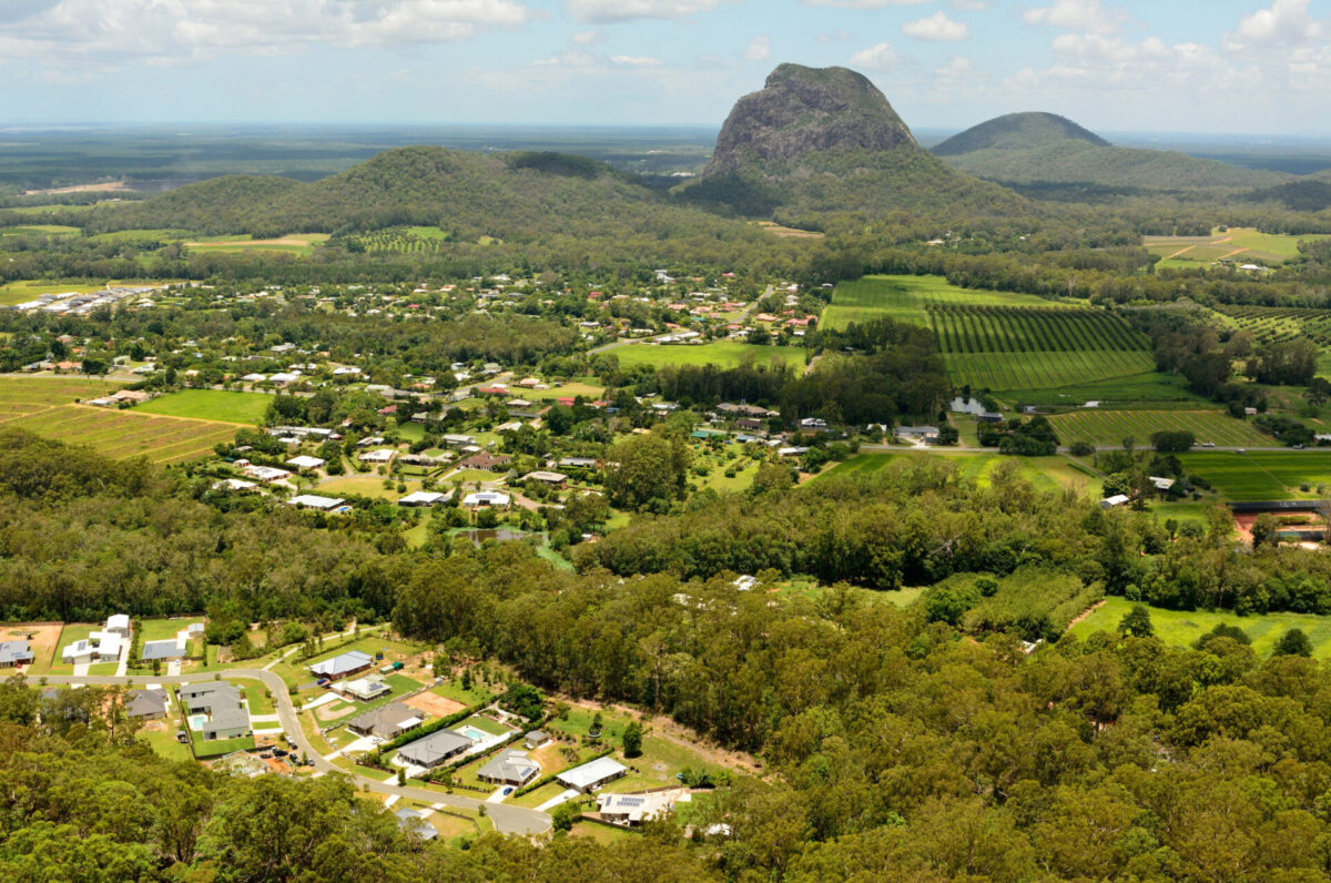 View toward Mt Tibrogargan in Glass House Mountains region in Queensland, Australia.